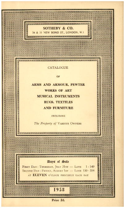 Sothebys July/August 1958 Arms & Armour Pewter., etc. (Digital only)