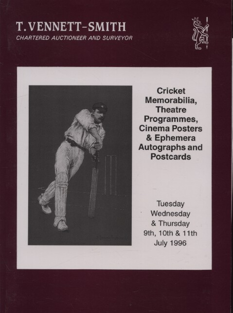 Vennett-Smith July 1996 Cricket Memorabilia, Theatre Programmes, Autographs etc.
