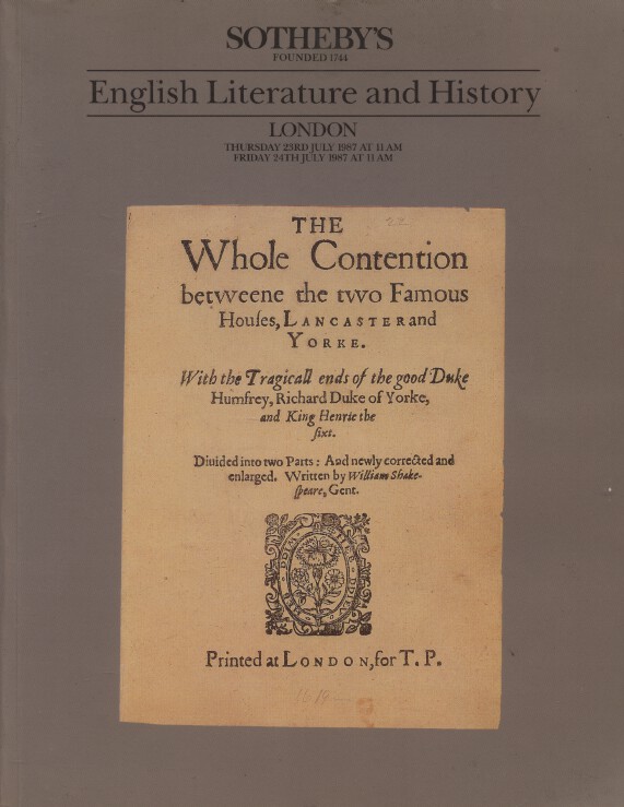 Sothebys July 1987 English Literature and History