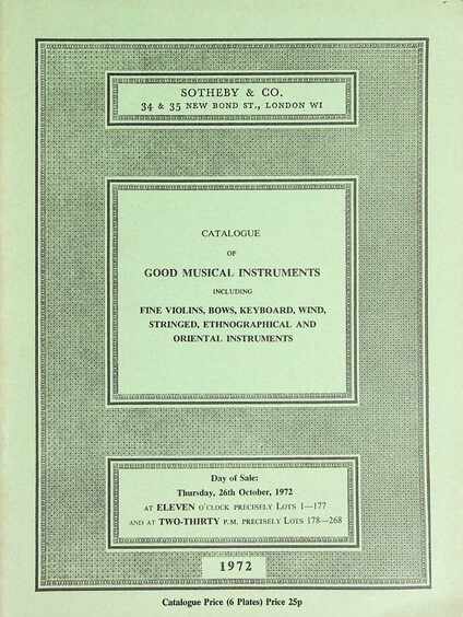 Sothebys October 1972 Good Musical Instruments inc. Fine Violins, Bows etc.