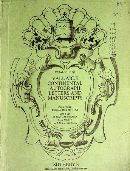 Sothebys May 1978 Valuable Continental Autograph Letters & Manuscripts