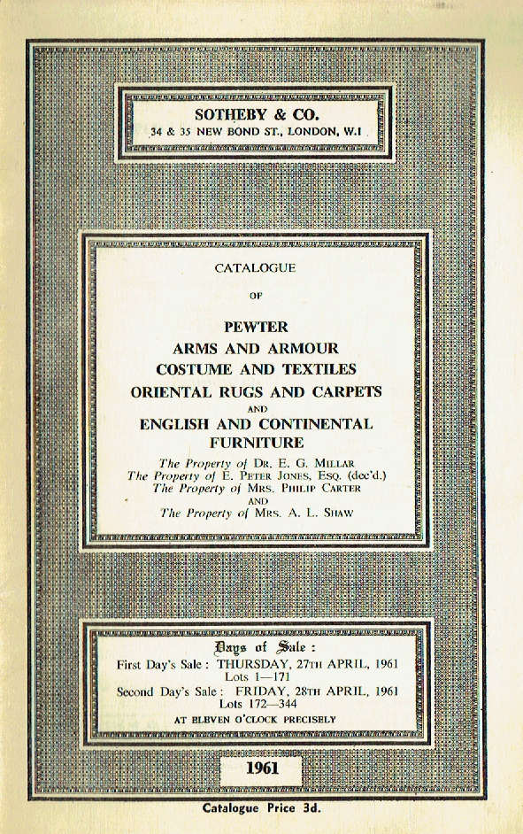 Sotheby & Co April 1961 Pewter Arms & Armour Costume Oriental Rugs and Carpets