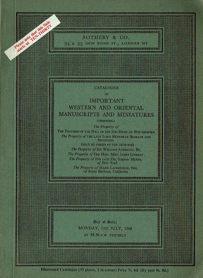 Sothebys July 1966 Important Western & Oriental Manuscripts (Digital only)