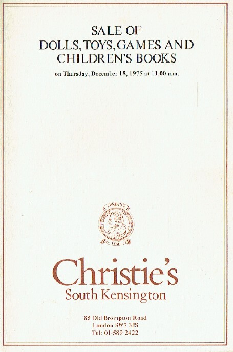 Christies December 1975 Sale of Dolls, Toys, Games and Children's Books