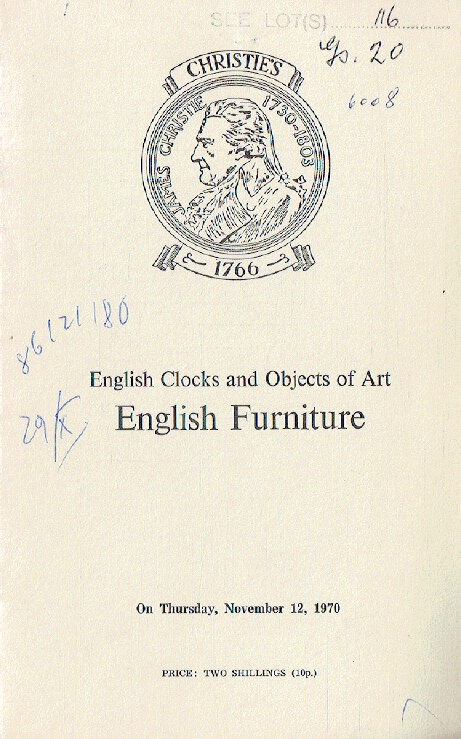 Christies November 1970 English Clocks & Objects of Art, English Furniture
