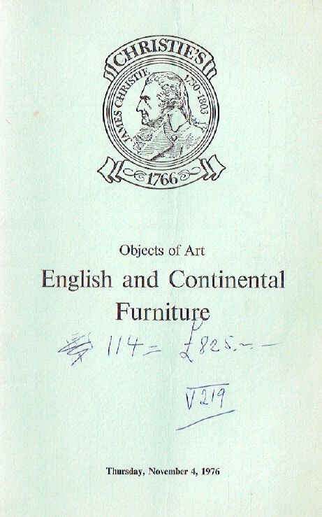 Christies November 1976 Objects of Art, English & Continental Furniture