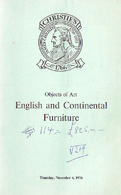 Christies November 1976 Objects of Art, English & Continental Furniture