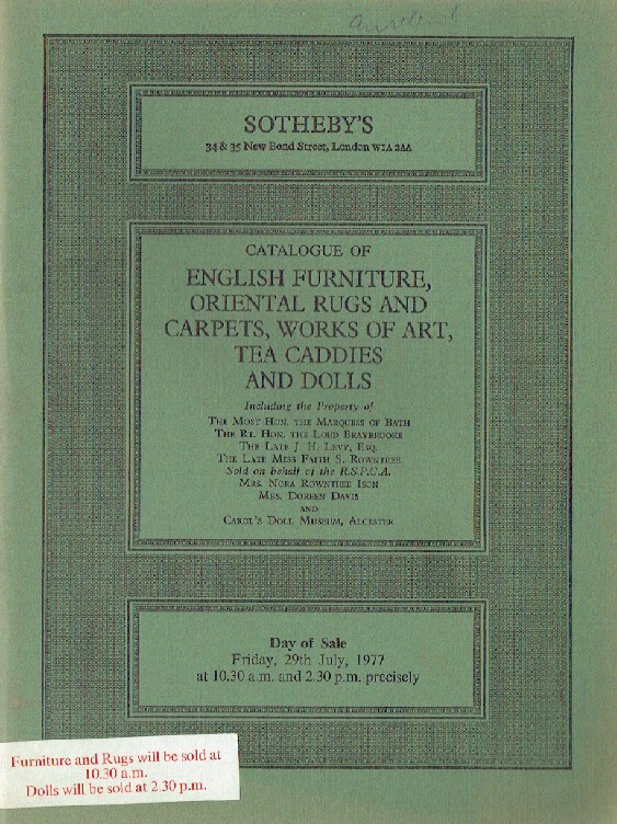 Sothebys July 1977 English Furniture, Oriental Rugs & Carpets, WOA