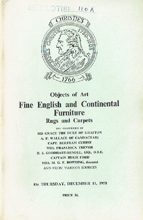 Christies December 1958 Fine English & Continental Furniture, Rugs and Carpets