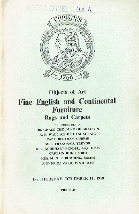 Christies Dec 1958 Fine English & Continental Furniture, Rugs (Digital only)