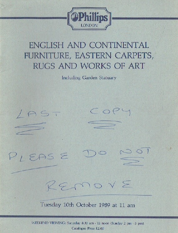 Phillips October 1989 English & Continental Furniture, Eastern Carpets, Rugs & w