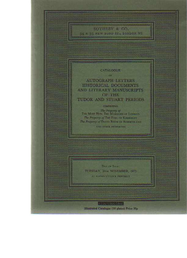 Sothebys 1973 Autograph Letters Documents Tudor & Stuart Periods