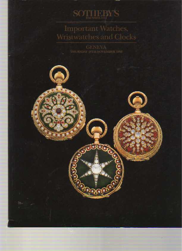Sothebys November 1992 Important Watches, Wristwatches & Clocks