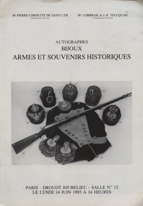 Cornette de Saint Cyr June 1993 Arms, Historic Souvenirs, Jewellery, Autographs