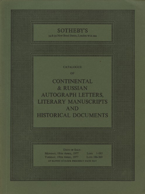 Sothebys April 1977 Continental & Russian Autograph Letters, Manuscripts