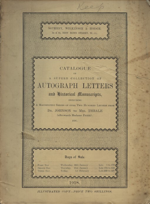 Sothebys Jan 1918 Autograph Letters & Historical Manuscripts Johnson to Thrale