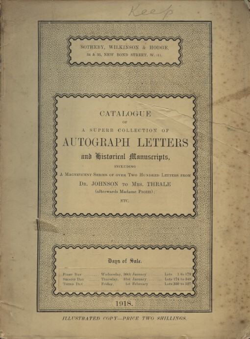 Sothebys Jan 1918 Autograph Letters & Historical Manuscripts (Digital only)