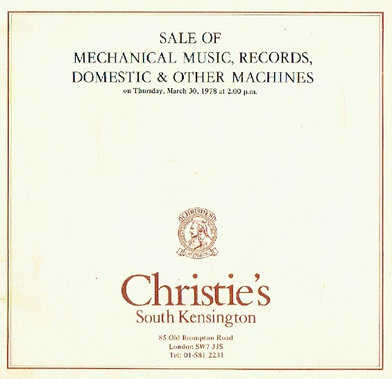 Christies March 1978 Sale of Mechanical Music, Records & Domestic