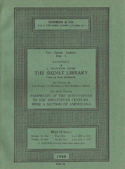 Sothebys October, November 1960 A Signet Library (Digital only)
