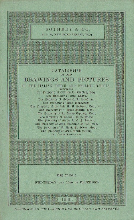 Sothebys December 1930 Drawings & Pictures of Italian, Dutch & English Schools