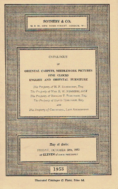 Sothebys October 1953 Carpets, Needlework, Clocks, English & Oriental Furniture
