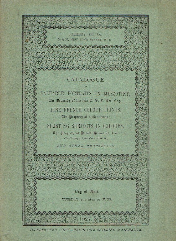 Sothebys June 1927 Valuable Portraits in Mezzotint, French Prints & Sporting - Click Image to Close